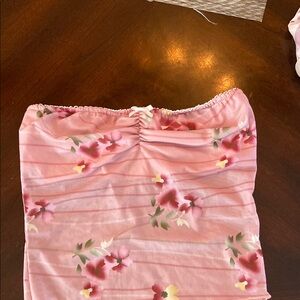Source Unknown Pink and White Ruched Strapless Crop Top